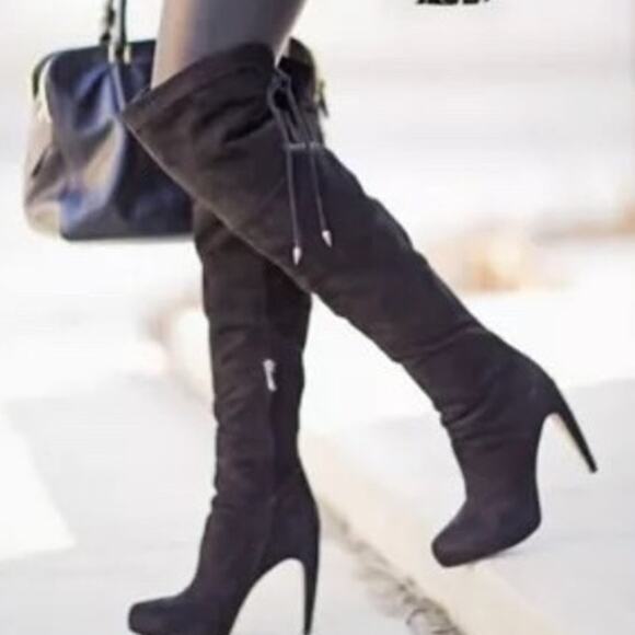 Sam Edelman Boots Womens 9 Kayla Over The Knee Black Suede Hi Heel Zip Lace Up - Picture 16 of 16